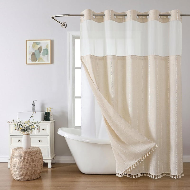 eachope No Hook Extra Long Shower Curtain Set with Snap-in Liner,Linen Textured Thick Striped Fabric with Tassels,Boho Chic Modern Farmhouse Bathroom Curtain,Water-Repellent,Cream/Beige,71x86 - Image 1